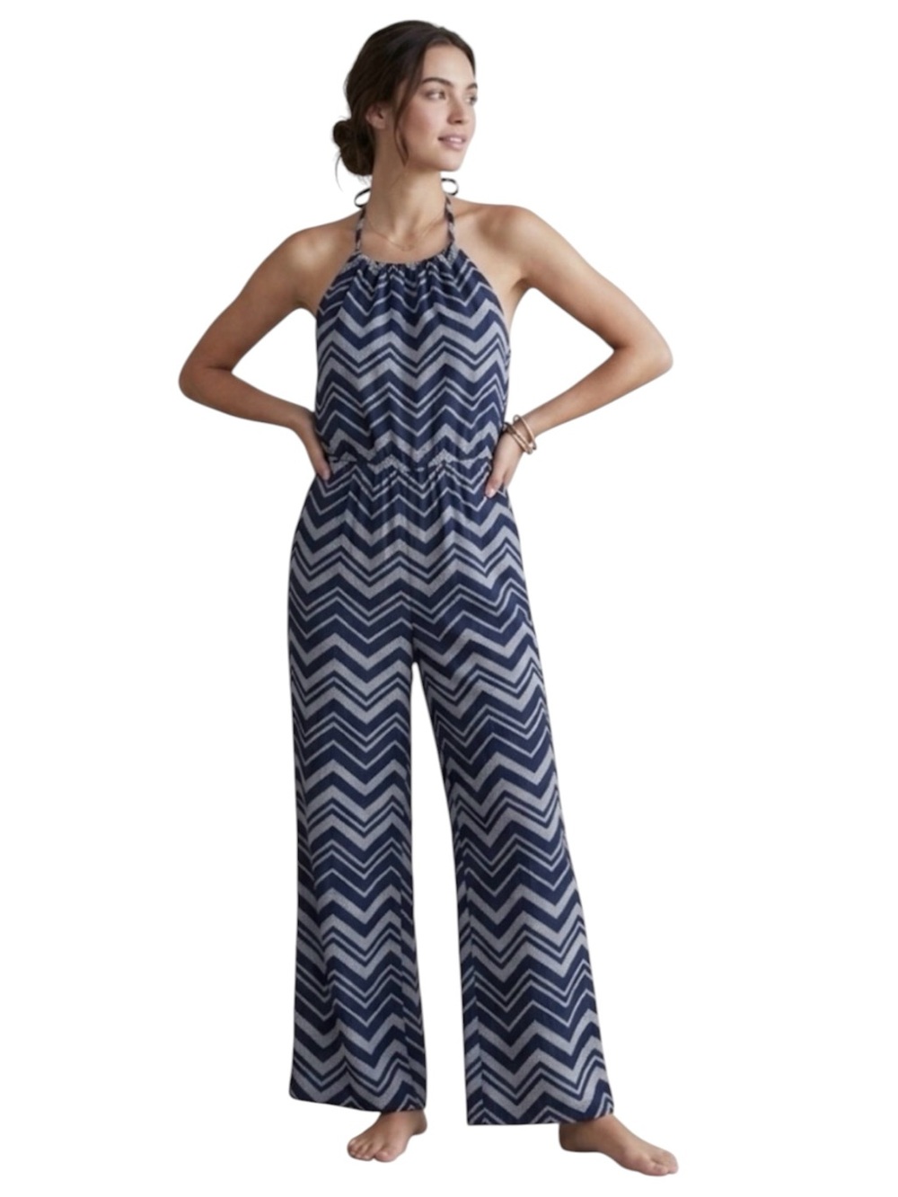Appraisal Navy Blue Herringbone Halter Wide Leg Jumpsuit Size Medium